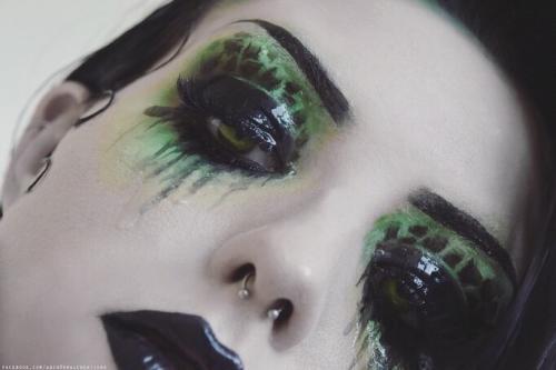 Close up of gothic green & black makeup